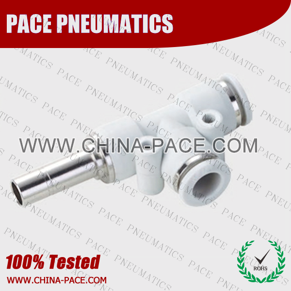 Grey White Plug In Run Tee Push To Connect Fittings, Pneumatic Push In Fittings, Air Fittings, one touch tube fittings, Pneumatic Fitting, Nickel Plated Brass Push in Fittings, Pneumatic Fittings, Tube fittings, Pneumatic Tubing, pneumatic accessories.